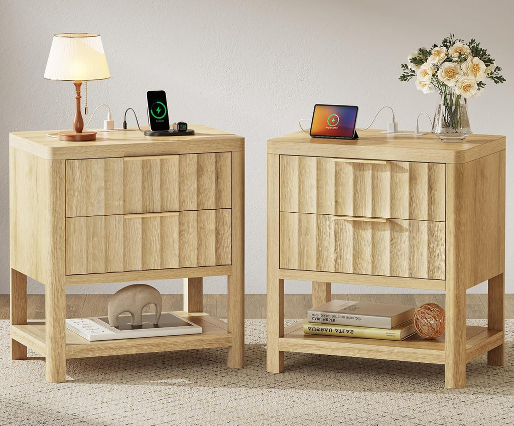 Huuger 27.6 Inch Tall Night Stands with Charger Station, USB-C Port, Fluted Nightstand Set of 2, Larger Wider Bed Side Table with 2 Deep Drawers, Open Shelf, Bedroom Living Room End Table, Natural