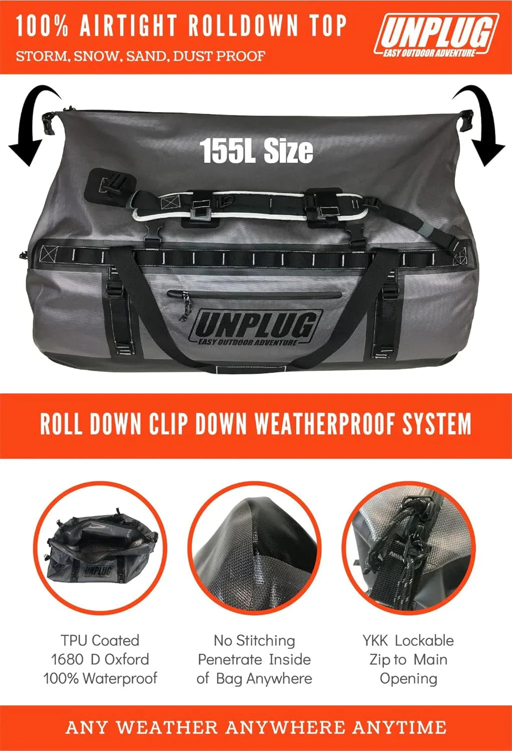 UNPLUG Ultimate Adventure Bag -1680D Heavy Duty Waterproof Travel Duffel Bags for Camping, Motorcycle Dry Bag, Waterproof Bags for Boating, Waterproof Duffle Backpack,Tactical Duffle Bag