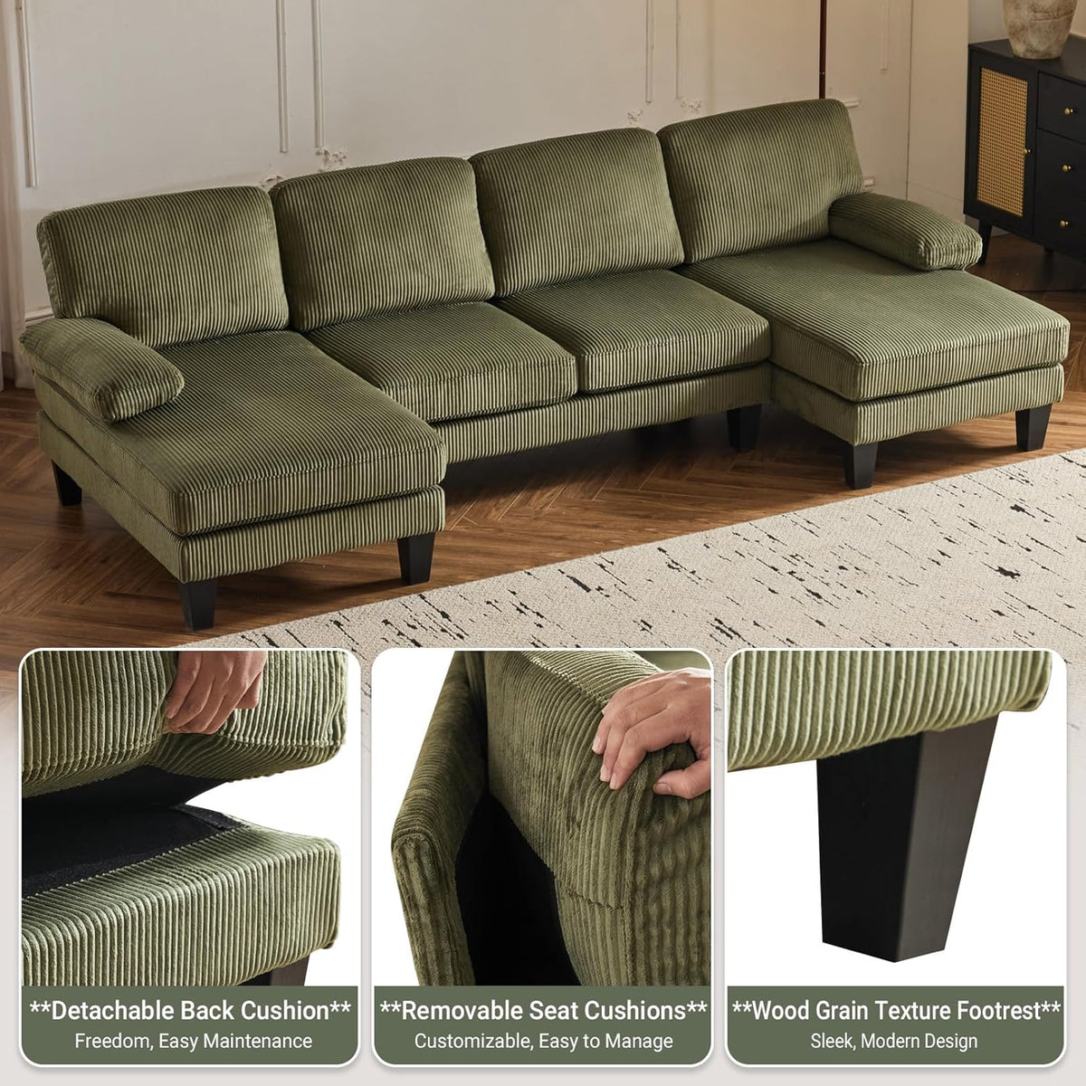 VINGLI 110" Sectional Couches for Living Room,U Shaped Couch with Double Chaise, 4-Seat Sofa Set with Chenille Fabric for Home Furniture,Beige