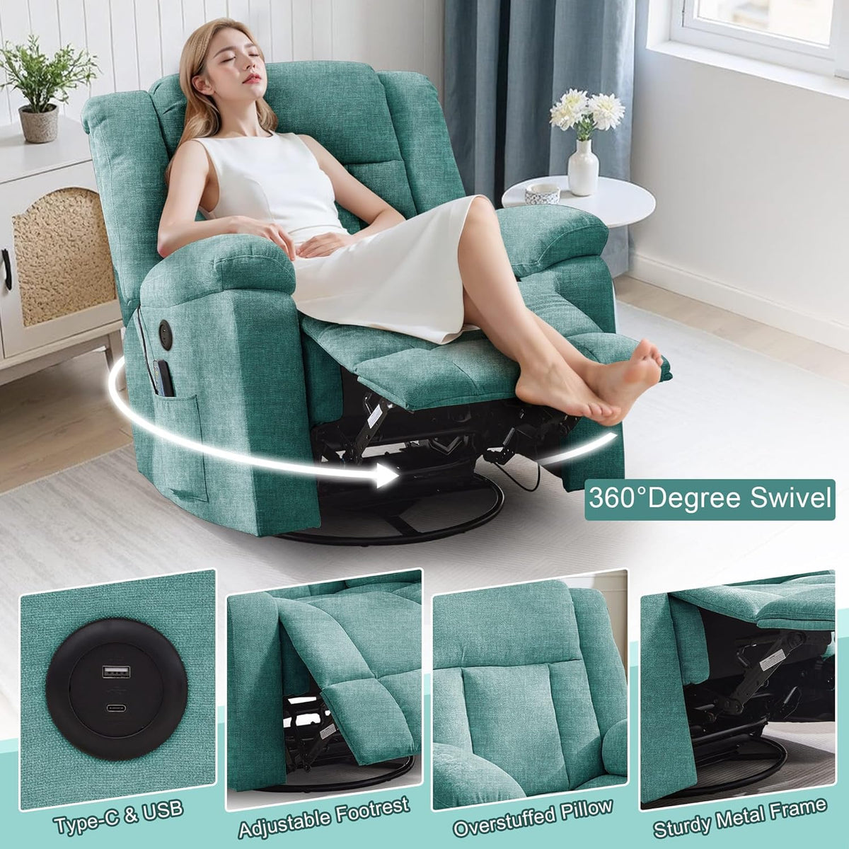 Rocker Recliner, Glider Recliner Chairs for Adults, 360° Swivel Rocking Chair with Massage and Heating, Nursery Chair with Storage and USB Charging for Living Room, Bedroom, Nursery