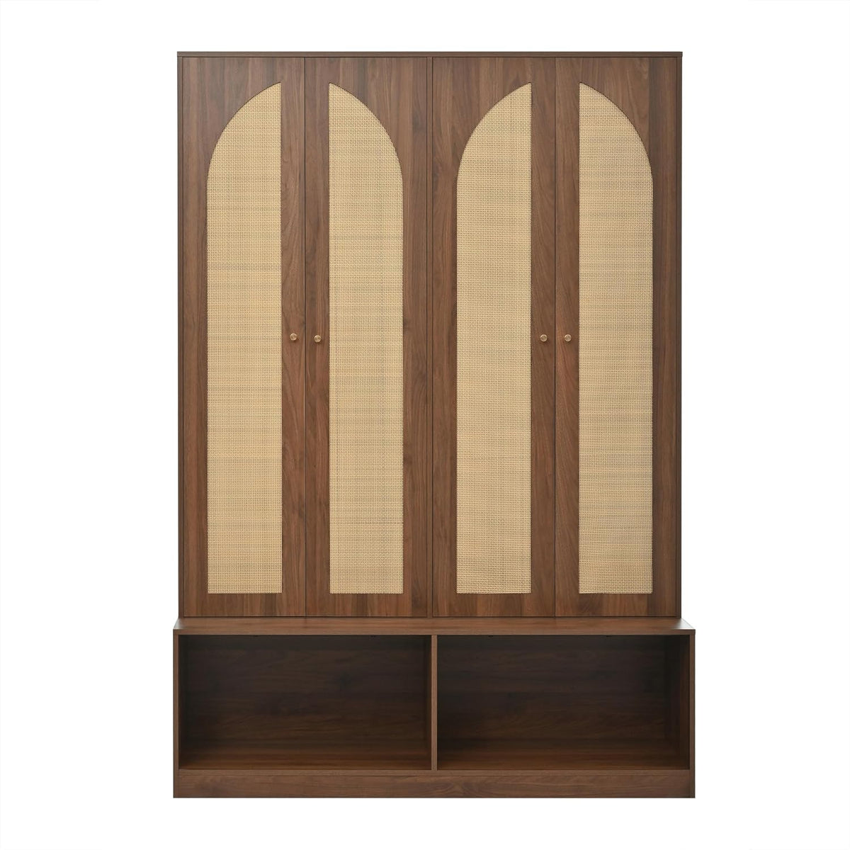 LUMISOL Wide Entryway Hall Tree with Storage Bench and 4 Rattan Doors, 78.7”H Farmhouse Entryway Coat Rack with 6 Hidden Hooks, 4-in-1 Mudroom Organizer with Adjustable Shelf, for Living Room, Walnut