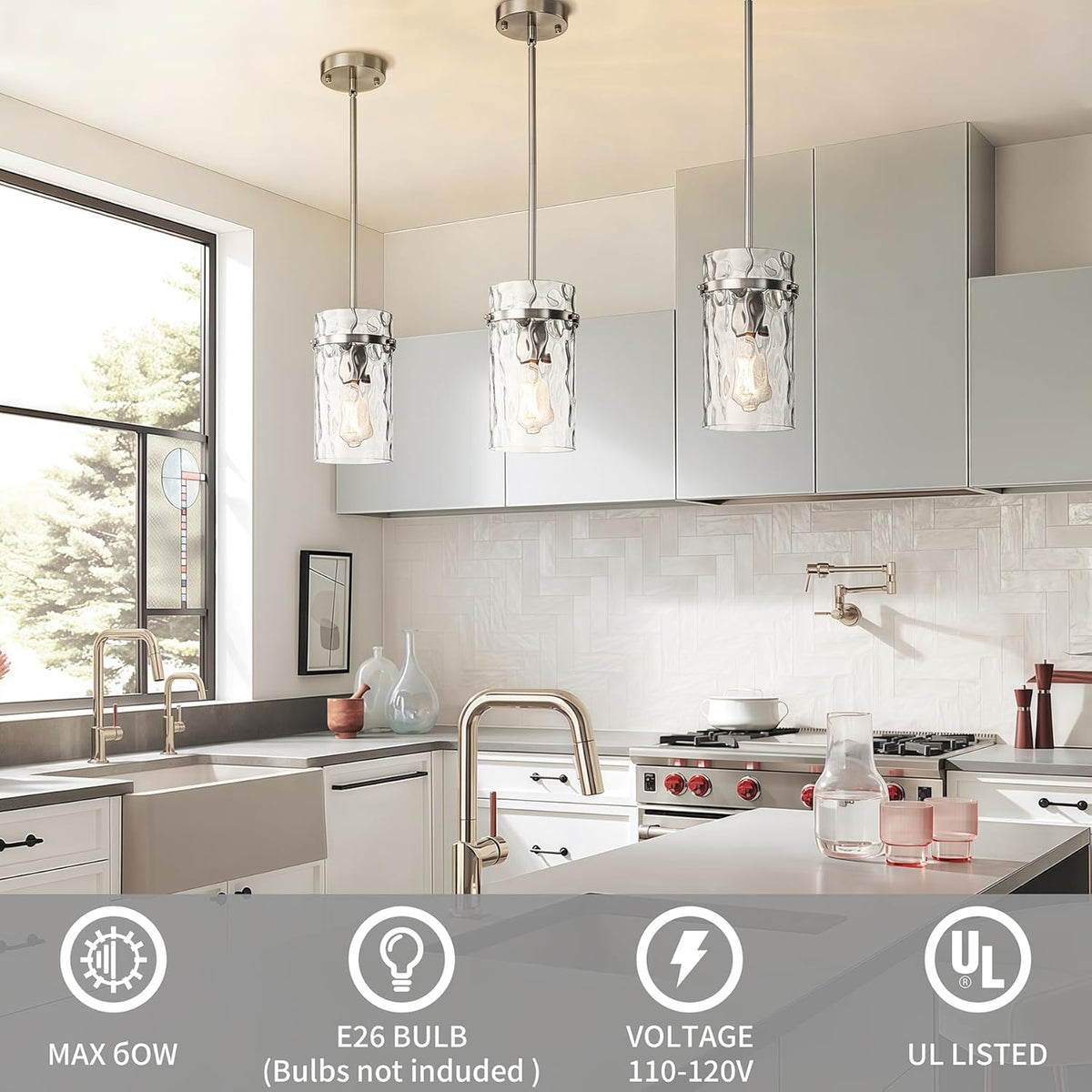 5.5" Brush Nickel Hammered Glass Pendant Light Fixtures, Brushed Nickel Kitchen Pendant Lights, Modern Kitchen Island Light Dining Room Light Farmhouse Island Lights Sink 2 Pack