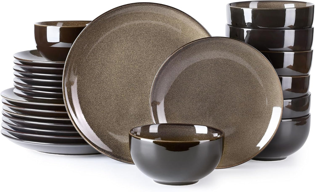LERATIO Ceramic Dinnerware Sets for 8,Stoneware Plates and Bowls Sets,Handmade Reactive Glaze Dishes Set,Chip Resistant and Scratch Resistant | Oven&Dishwasher & Microwave Safe-Chestnut(24PCS)