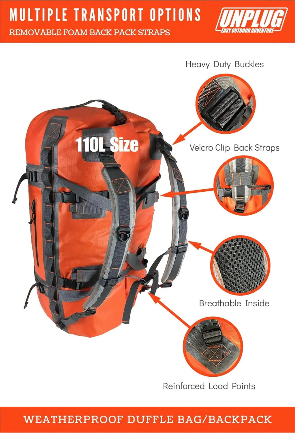 UNPLUG Ultimate Adventure Bag -1680D Heavy Duty Waterproof Travel Duffel Bags for Camping, Motorcycle Dry Bag, Waterproof Bags for Boating, Waterproof Duffle Backpack,Tactical Duffle Bag