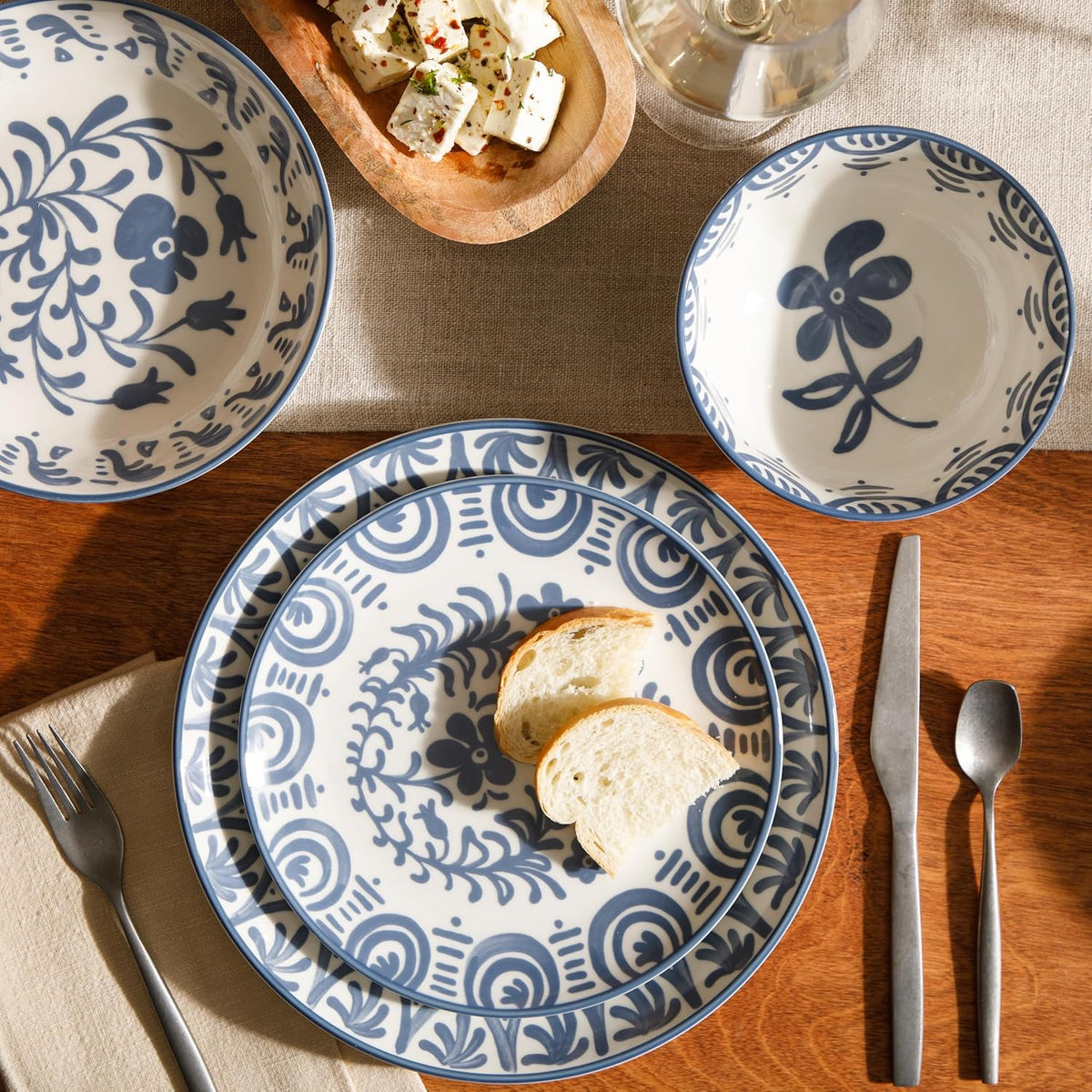 Bloomhouse - 2-Time Oprah's Favorite Things - Valencia Flor 16 Piece Dinnerware Set, Artisanal Decorated Stoneware Plates & Bowls, Service for 4, Microwave & Dishwasher Safe, Iris Blue