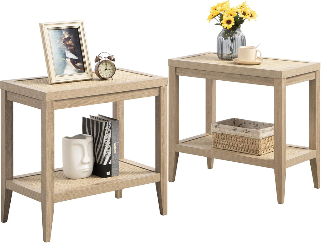 SICOTAS Rattan Nightstands Set of 2 - Boho Shelf Bedside Tables Narrow End Table Living Room Set of 2 Side Table with Rattan Storage Shelves for Small Space - Light Oak
