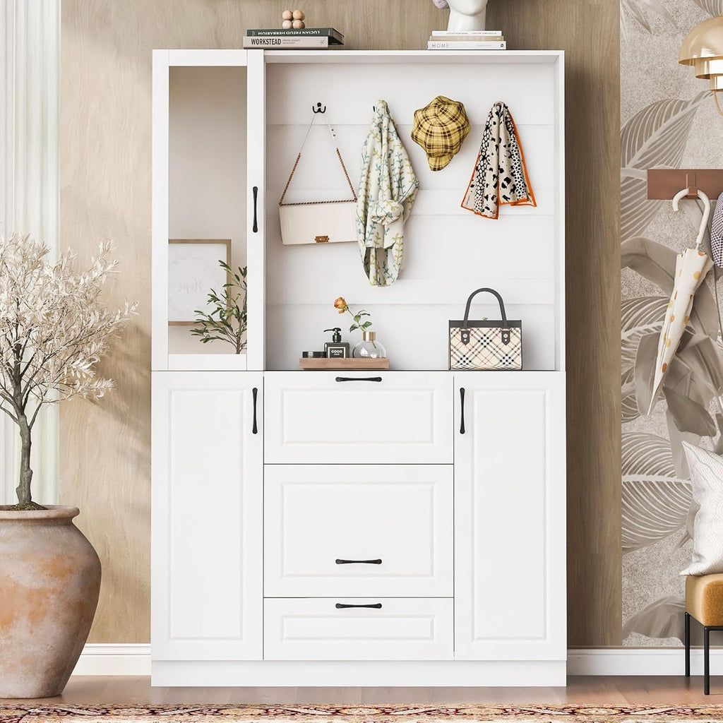 51.1''Hall Tree, Entryway Bench with Integrated Shoe Cabinet,3-in-1 Design, Mirrored Cabinet Door and Foldable Seat for Entrance, Living Room