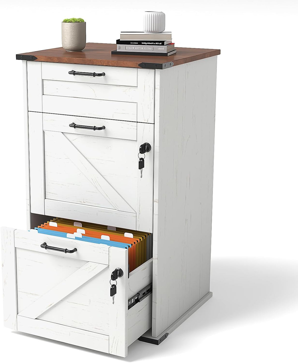 VINGLI 3 Drawer File Cabinet with Lock, Home Office Filing Organizer, for Letter Size File Folder Storage, Modern Farmhouse Style, Wood Vertical Filing Cabinet, Archivador (Rustic White & Brown)