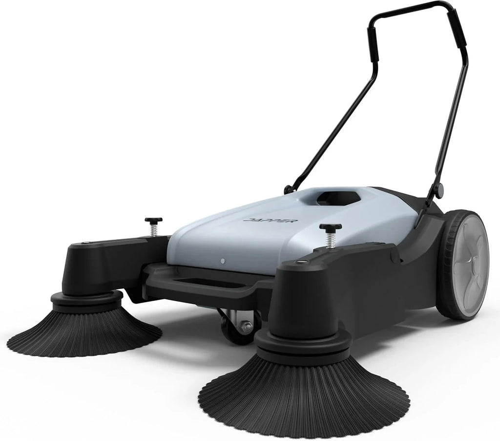 Walk-Behind Outdoor Hand Push Floor Sweeper - 5.25 Gallon Capacity - 25.5" Sweeping Width - Sweeps up to 27,900 ft² / Hour, Grey