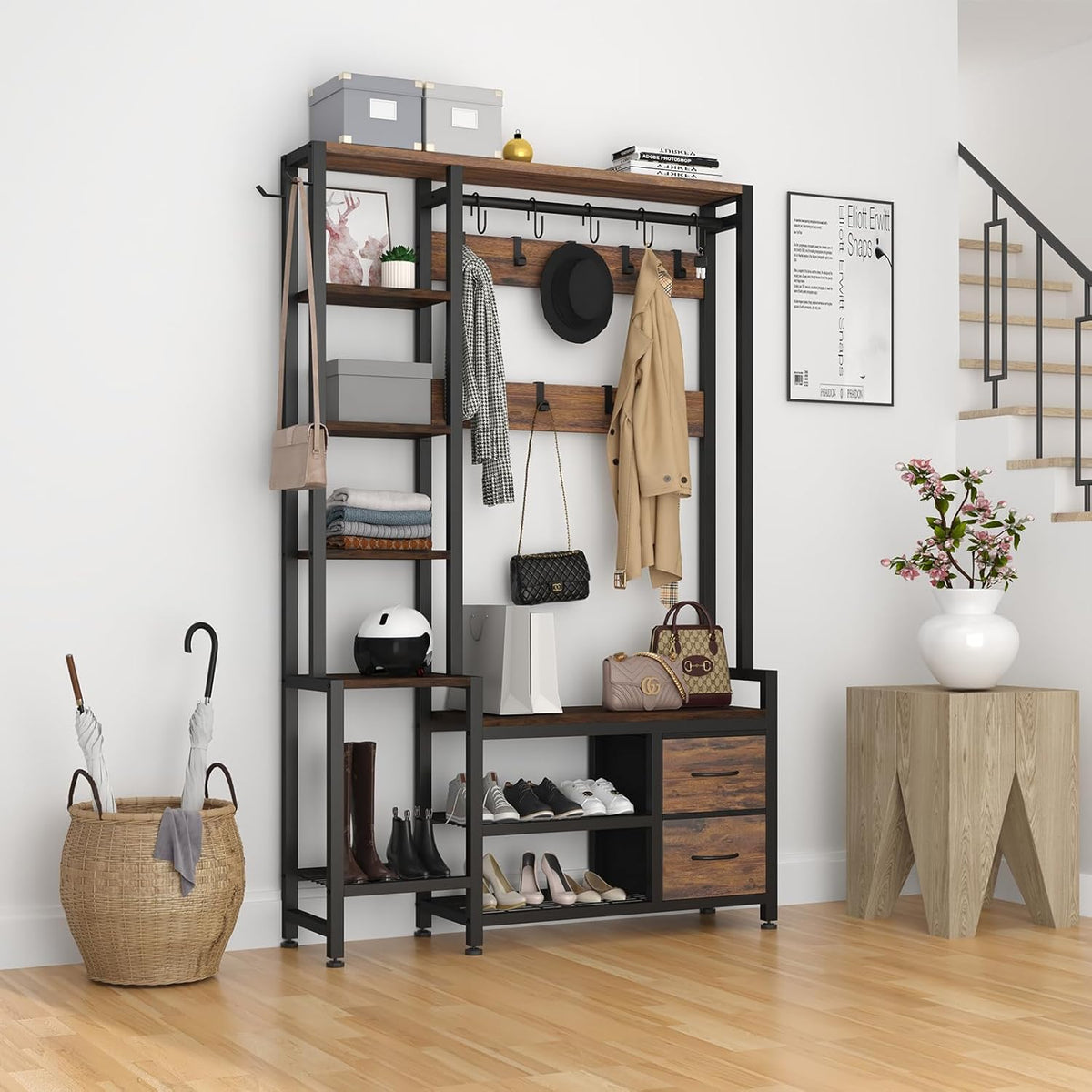 Hall Tree for Entryway 43", Bench with Shoe Storage, Large Coat Rack Shoe Bench with 5 Tier Shelves, 5 in 1 Design Front Door Shoe Rack and Wall Rack Hooks, and 2 Drawers (Rustic Brown)