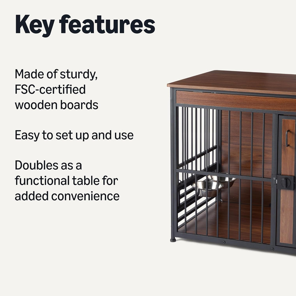 Amazon Basics Furniture Style Dog Crate, Two Bowls Included, 41" x 23.6" x 29.5", Walnut