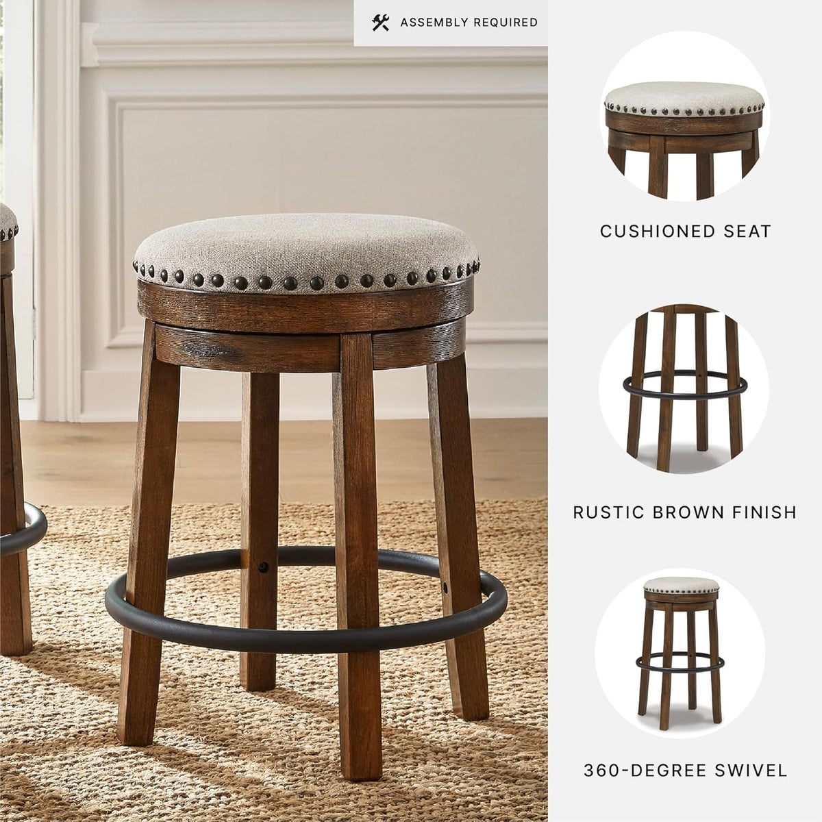 Signature Design by Ashley Valebeck Upholstered Swivel Stool, Cushioned Seat, Woven Fabric Upholstery, Wood, 24" H, Brown & Black