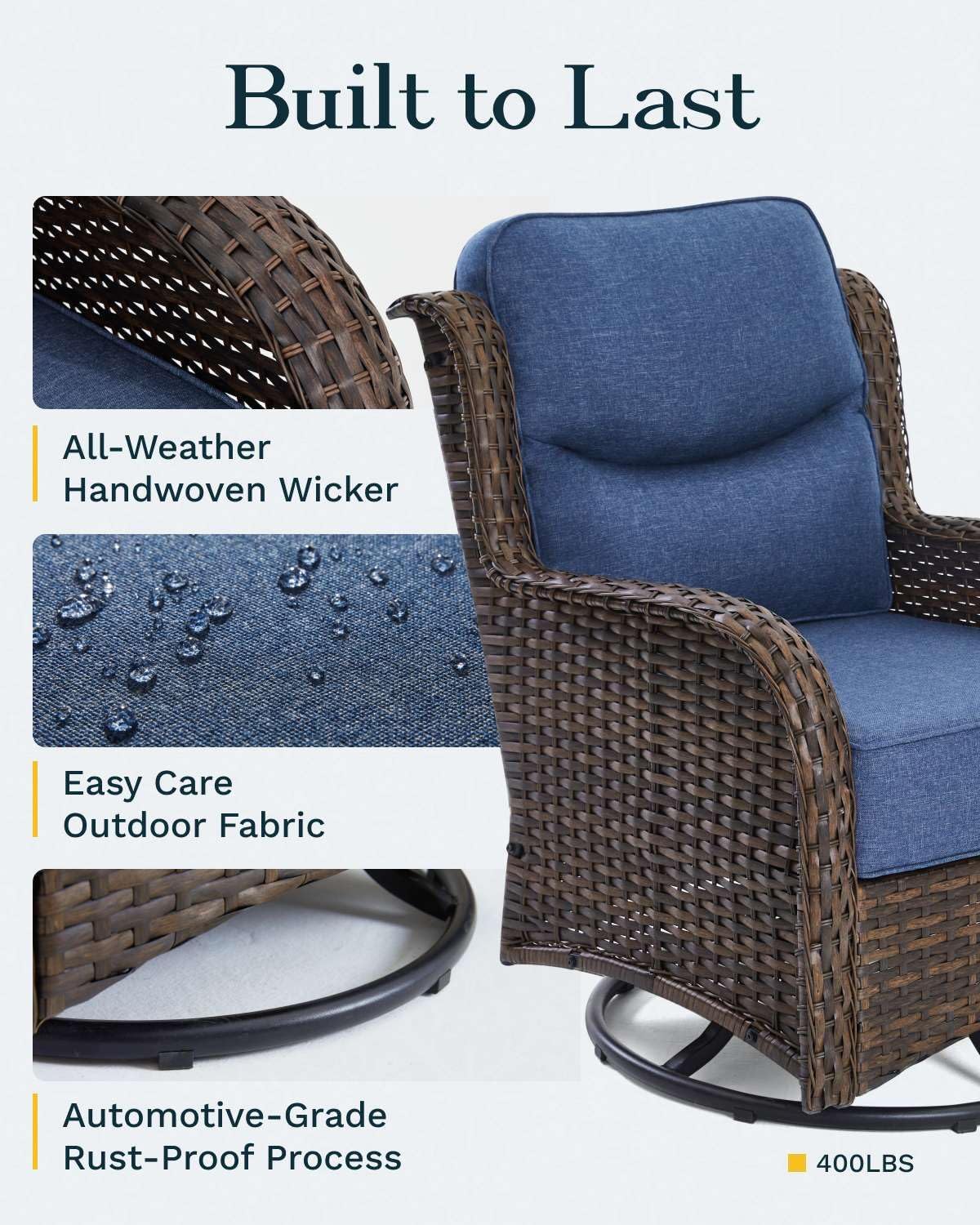 Outdoor Swivel Rocker Patio Chairs with 6-Inch Thick Cushions and Side Table, 3PCS High Back Wicker Patio Furniture Set for Porch, Balcony, Deck and Yard in Blue