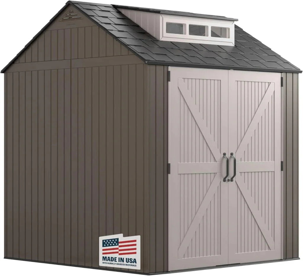 Rubbermaid Resin Outdoor Storage Shed With Floor (7 x 7 Ft) Weather Resistant Gray Organization for Home/Backyard/Garden Tools/Lawn Mower/Bike Storage/Pool Supplies