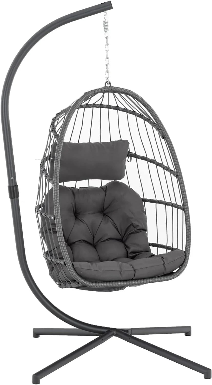 Yechen Indoor Outdoor Egg Hanging Chair with Stand, Patio Wicker Swing Egg Chair Indoor Swinging Chair Outdoor Hammock Egg Chair 350lbs Capacity for Patio Bedroom Balcony, Charcoal Grey (EG-001)
