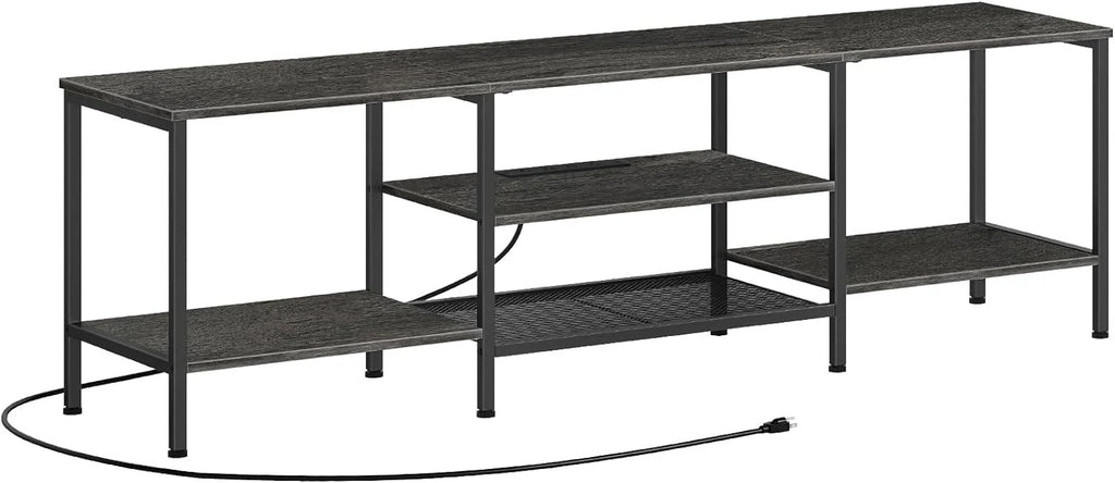 TV Stand with Power Outlets to 75 Inches, TV Console Table with Open Storage Shelves Cabinet, Industrial Media Entertainment Center for Living Room Bedroom, Rustic Brown and Black BF60DS01