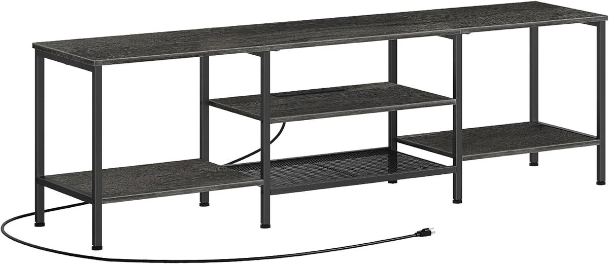 TV Stand with Power Outlets to 75 Inches, TV Console Table with Open Storage Shelves Cabinet, Industrial Media Entertainment Center for Living Room Bedroom, Rustic Brown and Black BF60DS01