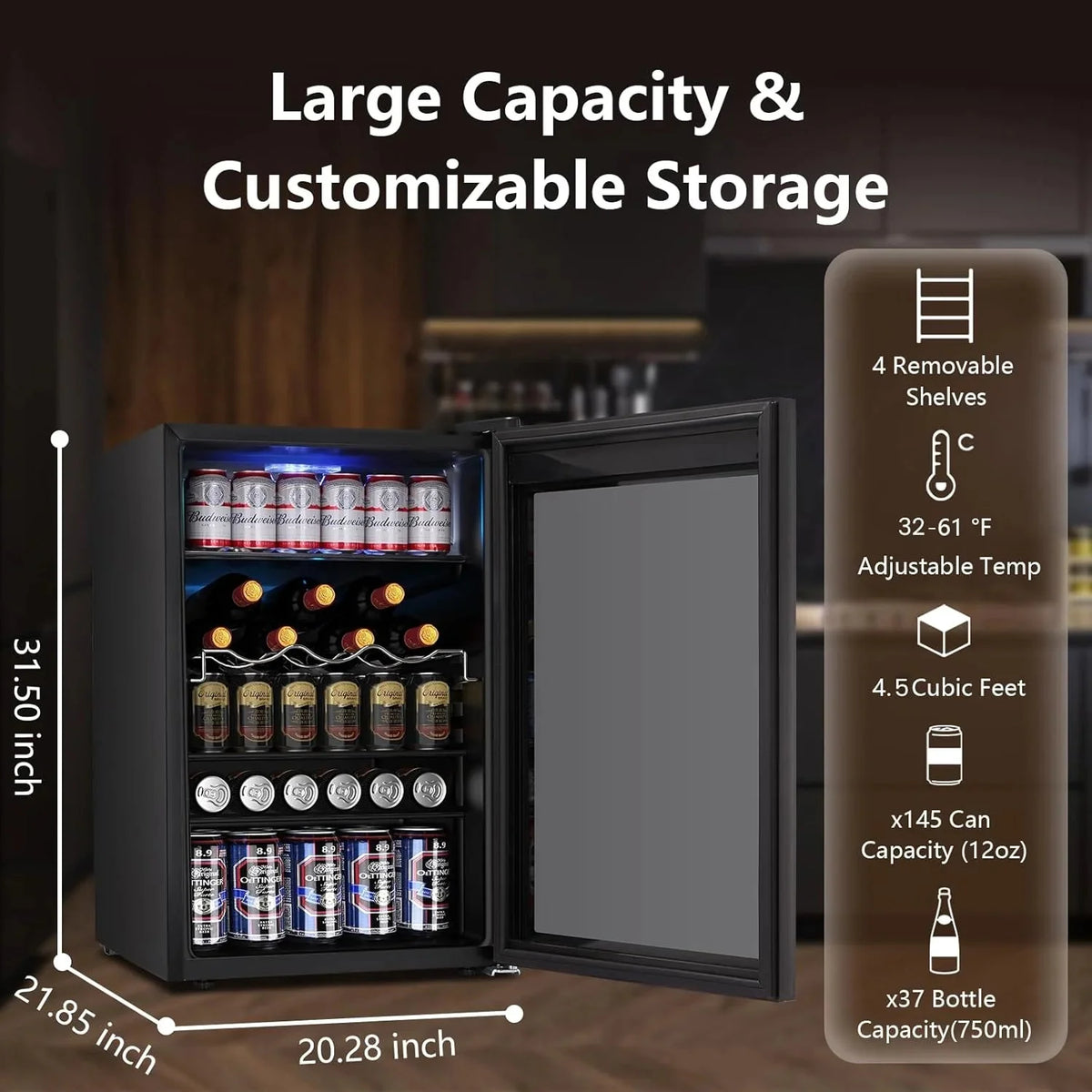 Mini Fridge 130 Can Beverage Refrigerator Cooler, 3.2 Cu.Ft Drink Fridge for Soda Wine Beer, Adjustable Temperature Control for Home Office, Black