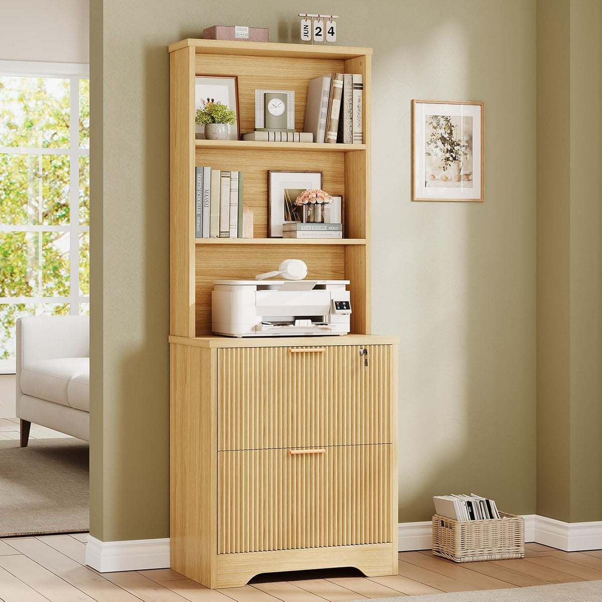 SEDETA 2 Drawer File Cabinet with Lock, Wood Filing Cabinet fits Letter, Legal, A4 Size, Hanging File Folders, Farmhouse File Cabinets for Home Office with Adjustable Storage Shelf, Natural Oak