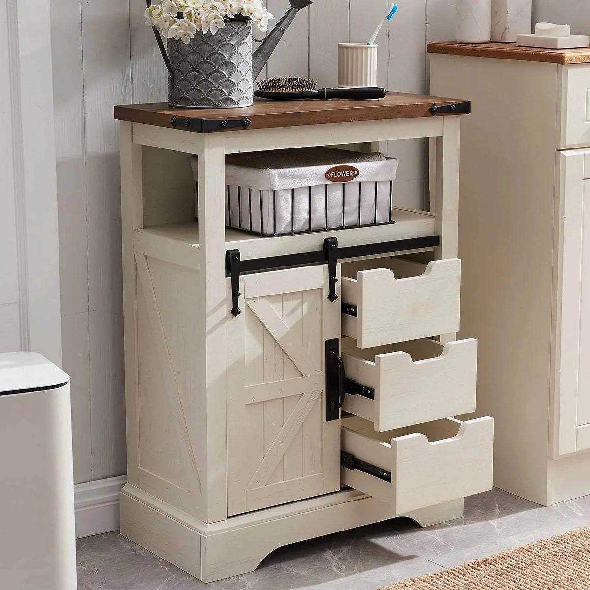 OKD Bathroom Floor Cabinet, Farmhouse Storage Cabinet with Sliding Barn Door & Storage Drawers