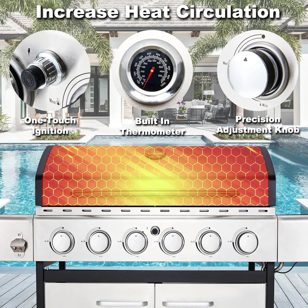 Upgraded 4 Burner BBQ Propane Gas Grill with Cast Iron Grates & Side Stove, 44,000 BTU Stainless Steel Burner Barbecue Grill for Patio, Camping, Outdoor Cooking MELLCOM