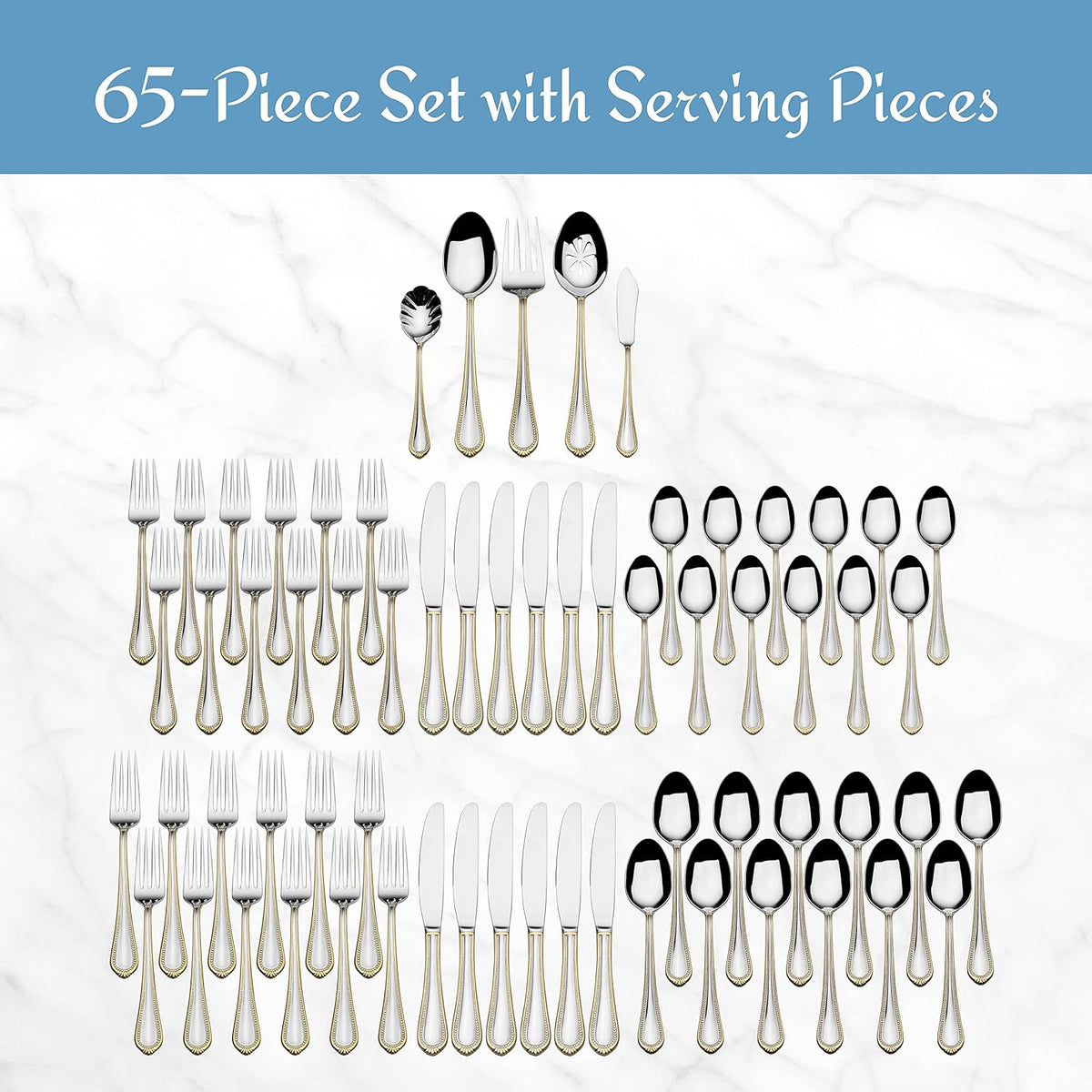 Mikasa, Gold Accent Regent Bead Flatware Service for 12, 65 Piece Set, 18/10 Stainless Steel, Silverware Set with Serving Utensils