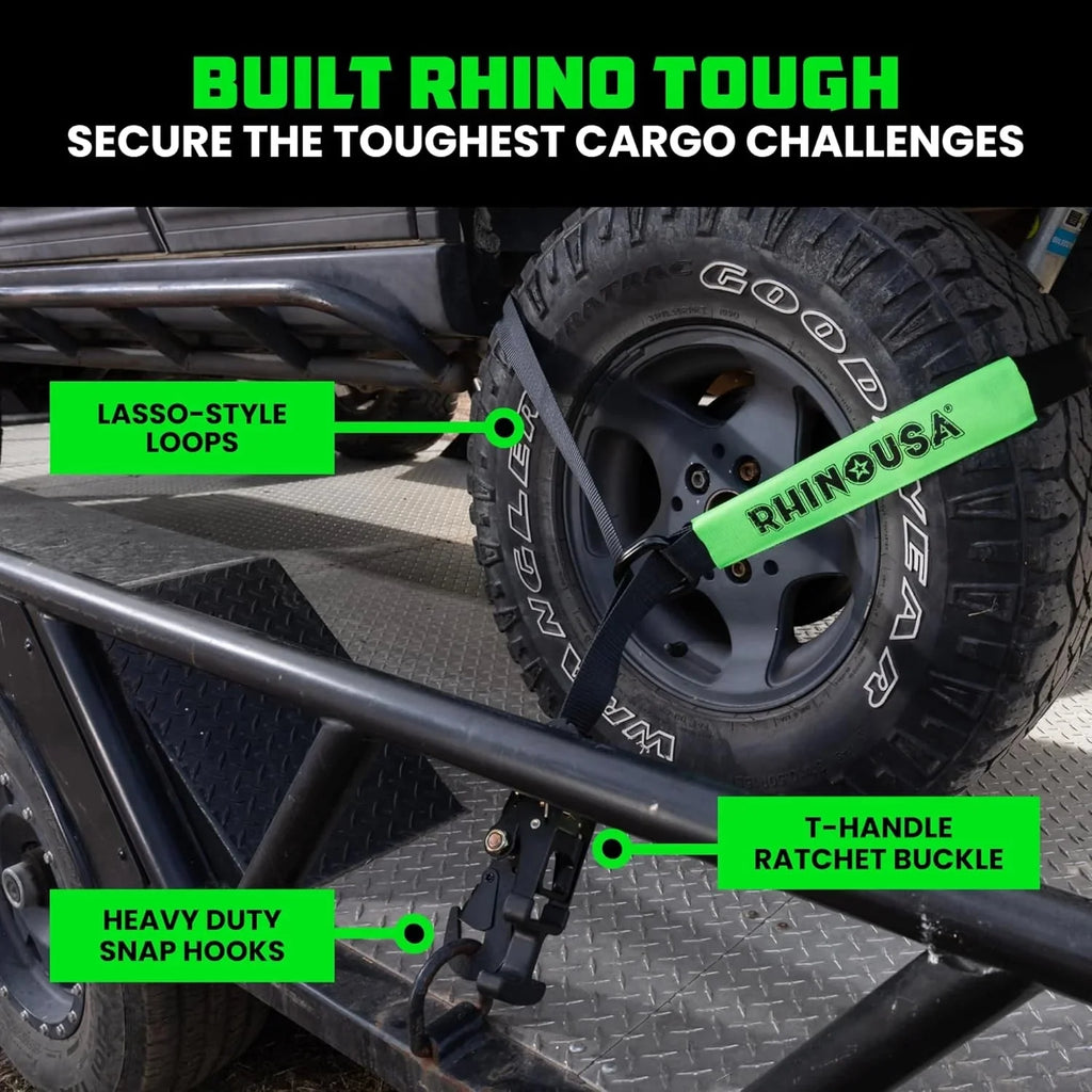 Car Tie Down Straps for Trailers with Flat Hooks (4-Pack) - 2 Inch x 8 Feet (10,000lb Break Strength) - Heavy Duty T-Handle Car Lasso Tire Straps for Trailer & UTV - Black