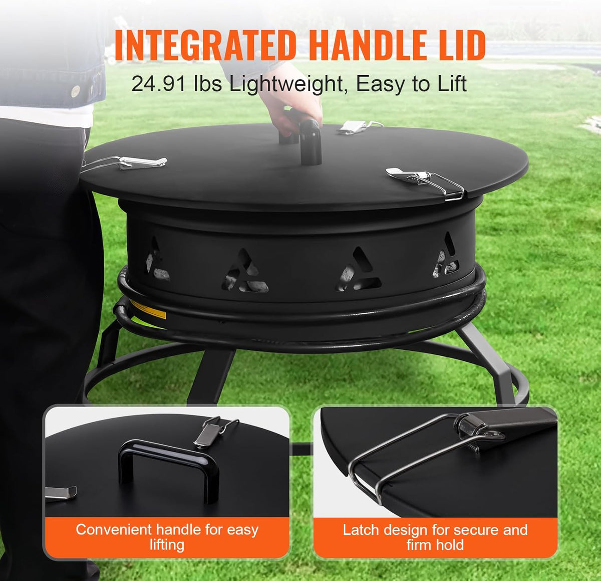 VEVOR Portable Propane Fire Pit, 24-Inch Diameter Outdoor Gas Fire Pit with Cover & Lava Rocks, Adjustable Flame Height Camping Firepit for Heating, Lighting, Gathering, 58,000 BTU, Black