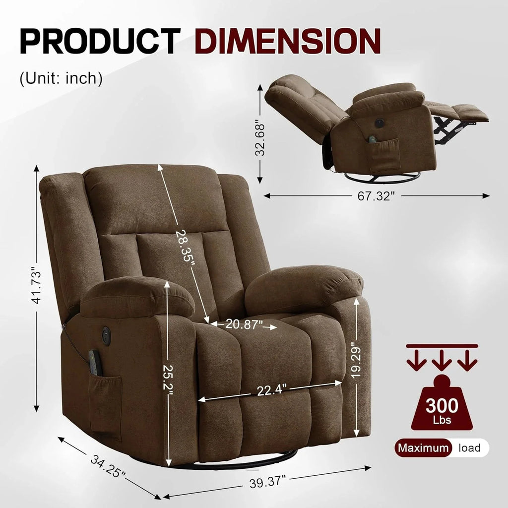 Rocker Recliner, Glider Recliner Chairs for Adults, 360° Swivel Rocking Chair with Massage and Heating, Nursery Chair with Storage and USB Charging for Living Room, Bedroom, Nursery