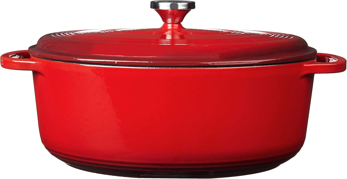 Lodge 7 Quart Enameled Cast Iron Oval Dutch Oven with Lid – Dual Handles – Oven Safe up to 500° F or on Stovetop - Use to Marinate, Cook, Bake, Refrigerate and Serve – Red