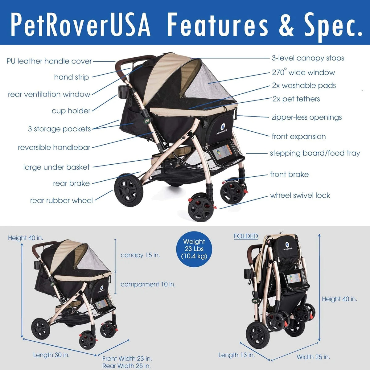 Pet Rover Premium Heavy Duty DogCat Stroller Travel Carriage CompartmentZipperless EntryPump-Free Rubber Tires Small, Medium, Large Pets (Black 2nd-Gen.), X-Large (Pack of 1)