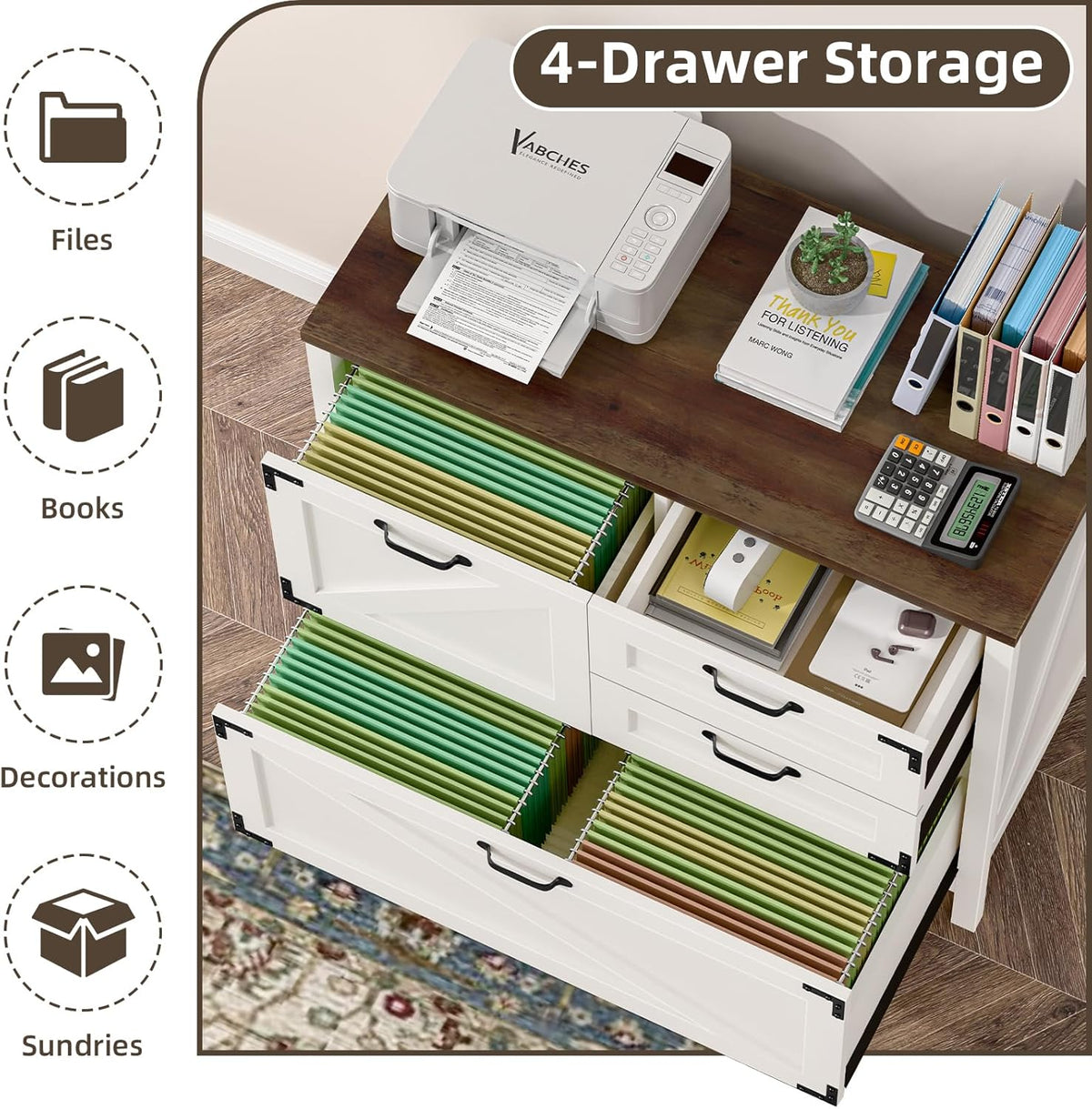 Wood Lateral File Cabinet with 4-Drawer for Hanging Files Letter/A4/Legal Size, Large Farmhouse Filing Cabinets for Home Office, Printer Stand with Office Cabinet, Office Furniture, White and Brown