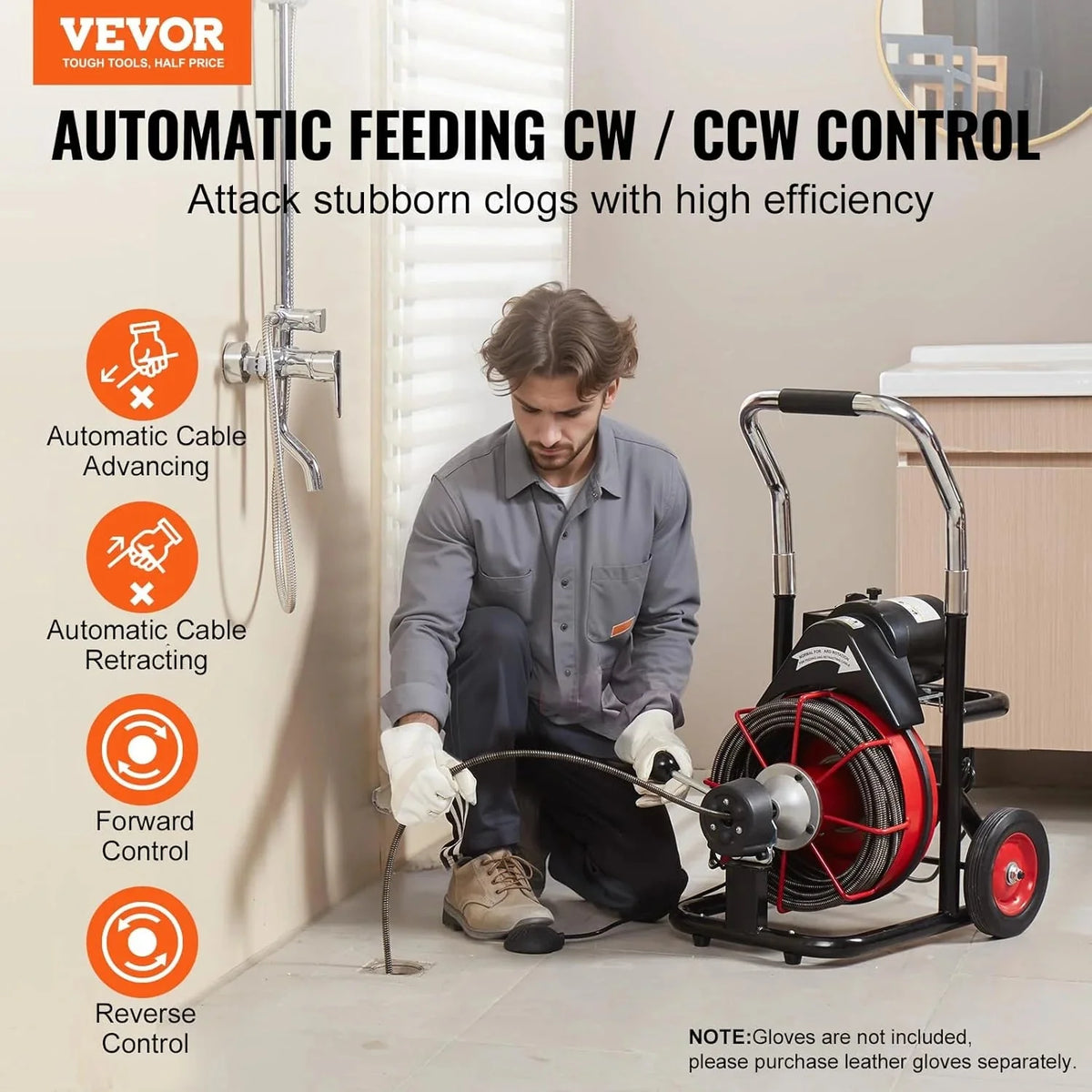 VEVOR Drain Cleaner Machine 100FT x 1/2 Inch, Auto Feed Sewer Snake Auger on Wheels, 550W Portable Drain Cleaning Machine with 8 Cutters & Air-activated Foot Switch for 2" to 4" Pipes