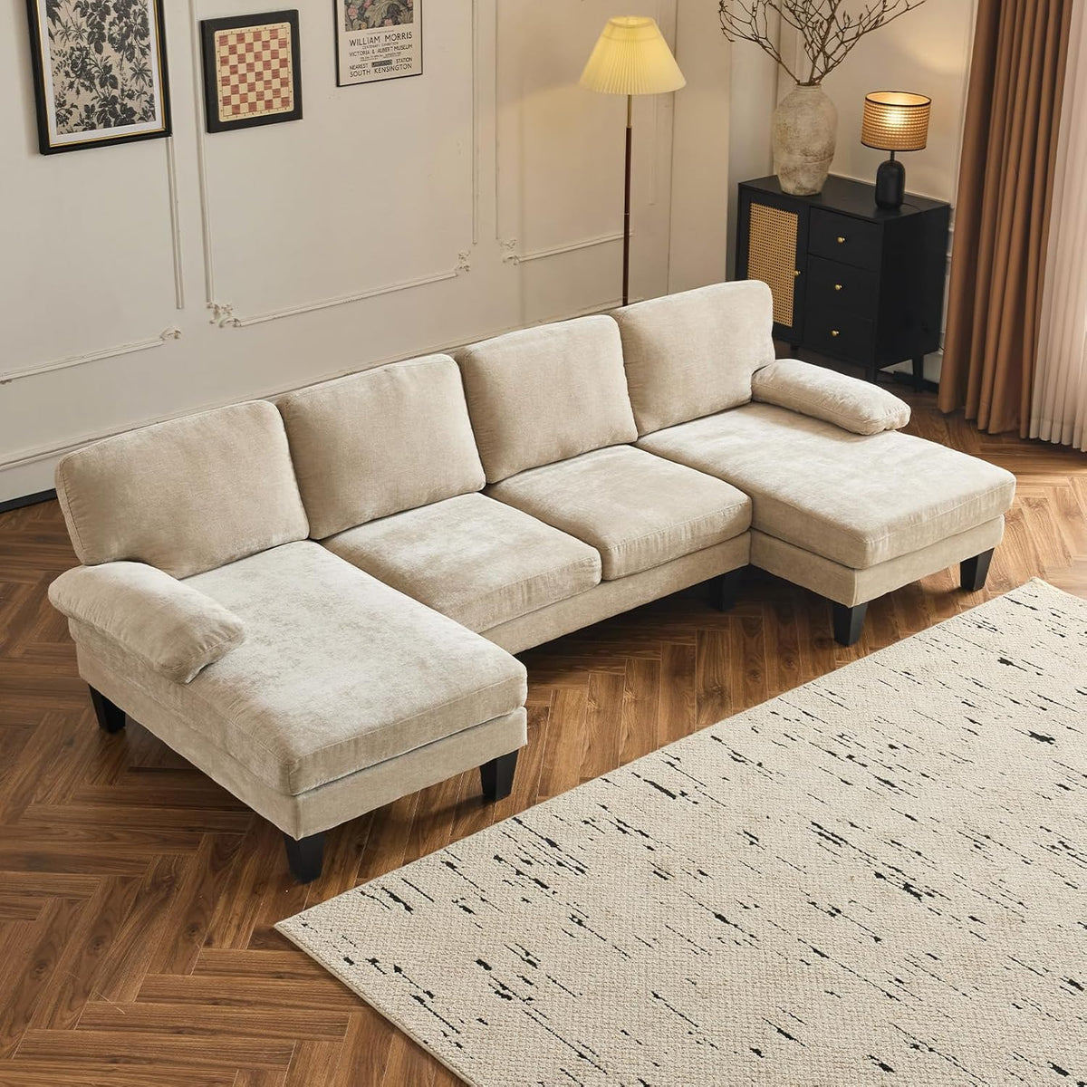 VINGLI 110" Sectional Couches for Living Room,U Shaped Couch with Double Chaise, 4-Seat Sofa Set with Chenille Fabric for Home Furniture,Beige