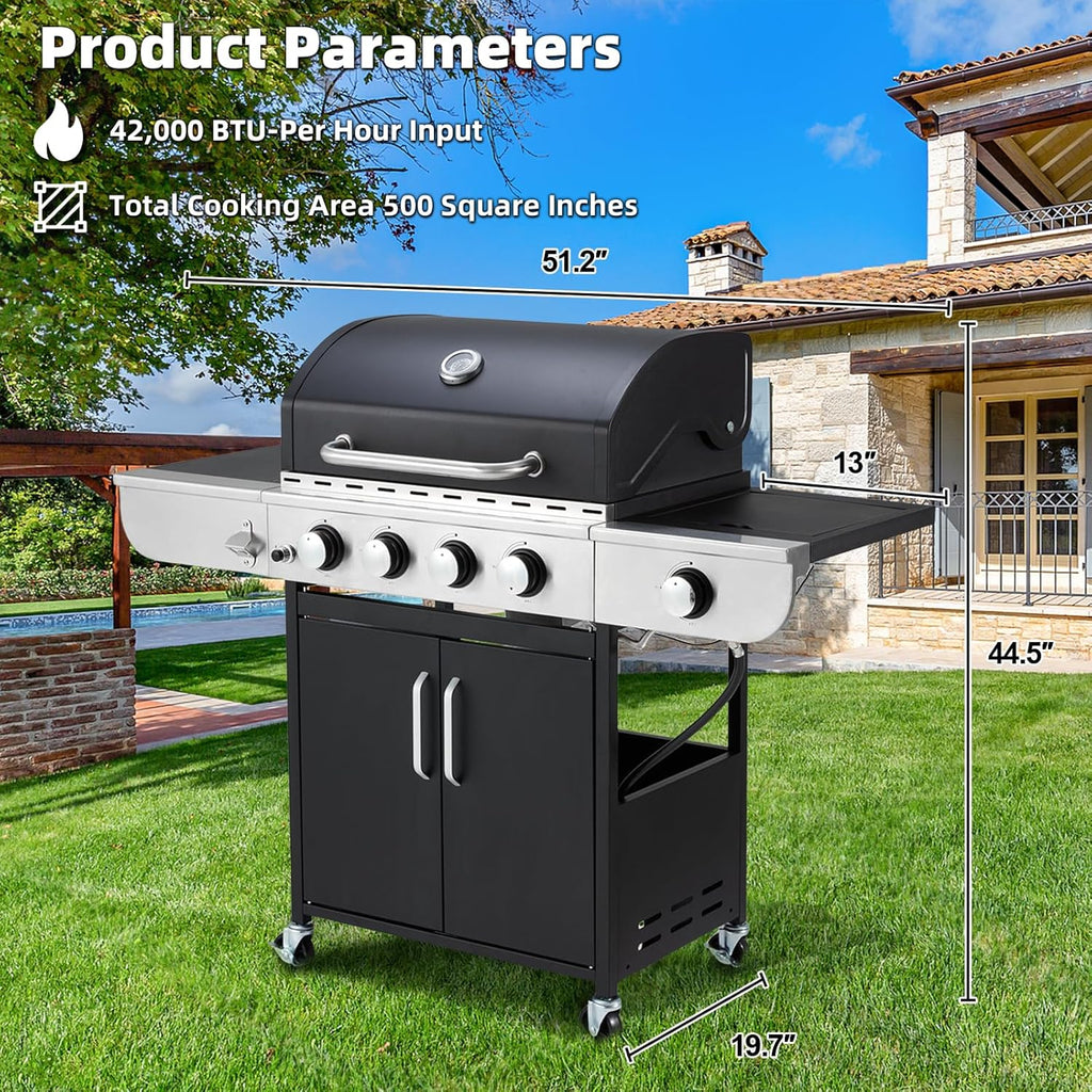 Upgraded 4 Burner BBQ Propane Gas Grill with Cast Iron Grates & Side Stove, 44,000 BTU Stainless Steel Burner Barbecue Grill for Patio, Camping, Outdoor Cooking.