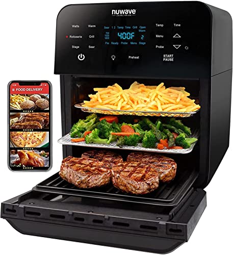 Nuwave Brio Air Fryer Oven, 15.5Qt X Large Family Size, SS Rotisserie Basket &Skewer Kit, Reversible Ultra Non Stick Grill/Griddle Plate, Powerful 1800W, Integrated Smart Thermometer,Black : Home & Kitchen