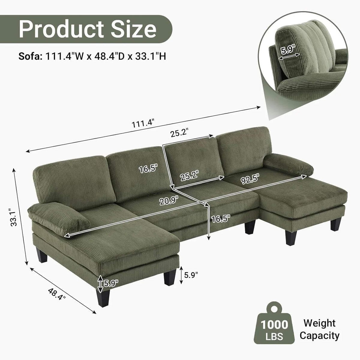 VINGLI 110" Sectional Couches for Living Room,U Shaped Couch with Double Chaise, 4-Seat Sofa Set with Chenille Fabric for Home Furniture,Beige