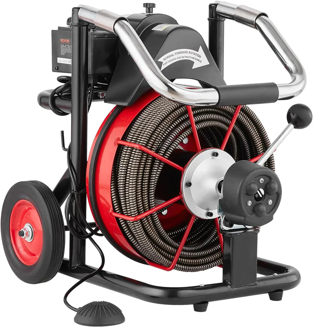 VEVOR Drain Cleaner Machine 100FT x 1/2 Inch, Auto Feed Sewer Snake Auger on Wheels, 550W Portable Drain Cleaning Machine with 8 Cutters & Air-activated Foot Switch for 2" to 4" Pipes