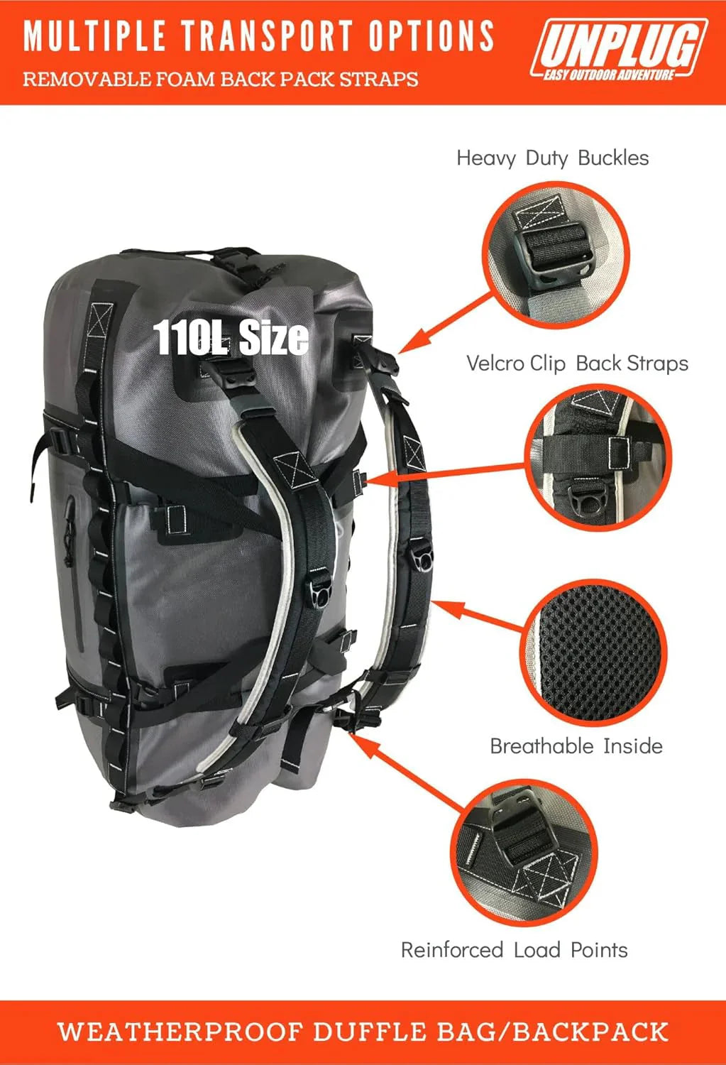 UNPLUG Ultimate Adventure Bag -1680D Heavy Duty Waterproof Travel Duffel Bags for Camping, Motorcycle Dry Bag, Waterproof Bags for Boating, Waterproof Duffle Backpack,Tactical Duffle Bag