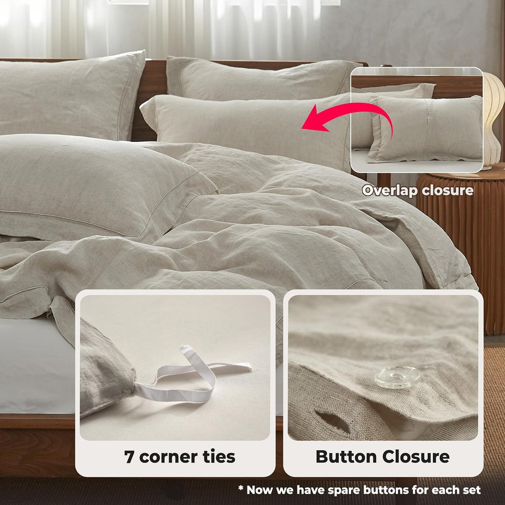 Simple&Opulence 100% Washed Linen Duvet Cover Set with Embroidered,3 Pieces Soft Farmhouse Comforter Set with Button Closure,1 Duvet Cover and 2 Pillowshams(King,Natural Linen)