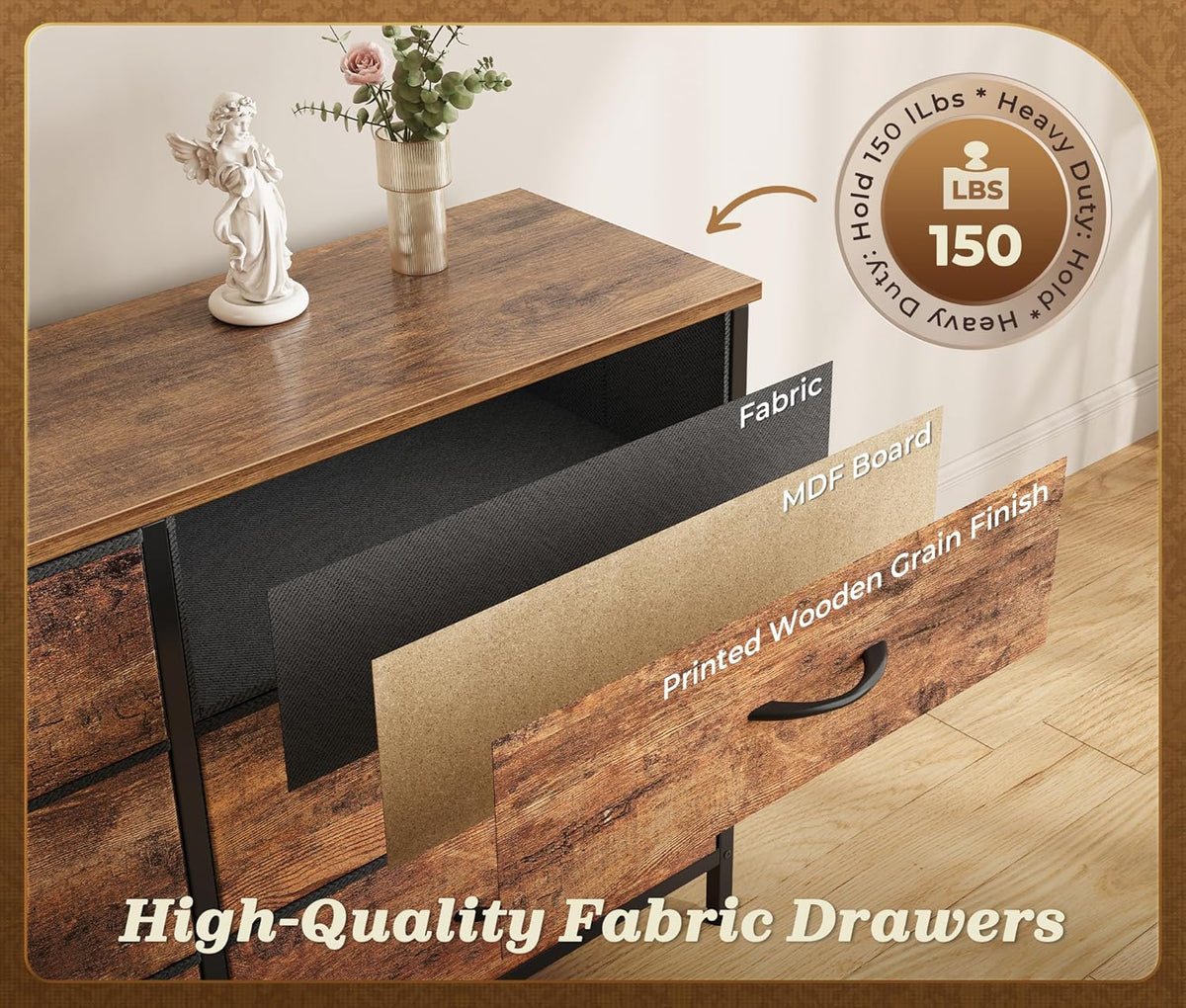 Huuger 78.7 inch Long Dresser for Bedroom, 15 Drawer Fabric Dresser for Closet, Large TV Stand for 65, 75, 85 inch TV, Wide Chest of Drawer with Storage, 78.7" W x 12.9" D x 26.7" H, Rustic Brown