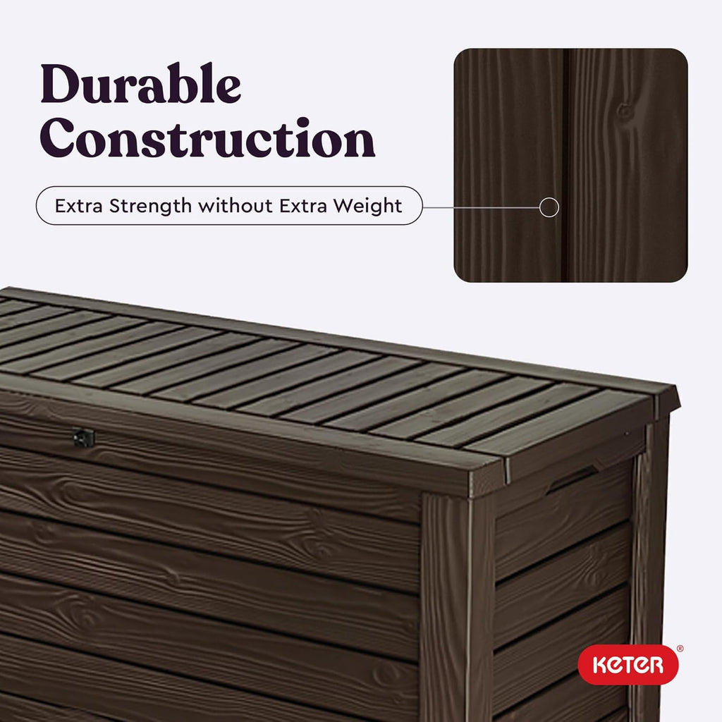 Keter 150 Gallon Resin Large Deck Box Organization and Storage Box for Patio, Outdoor Cushions, Garden Tools, Brown