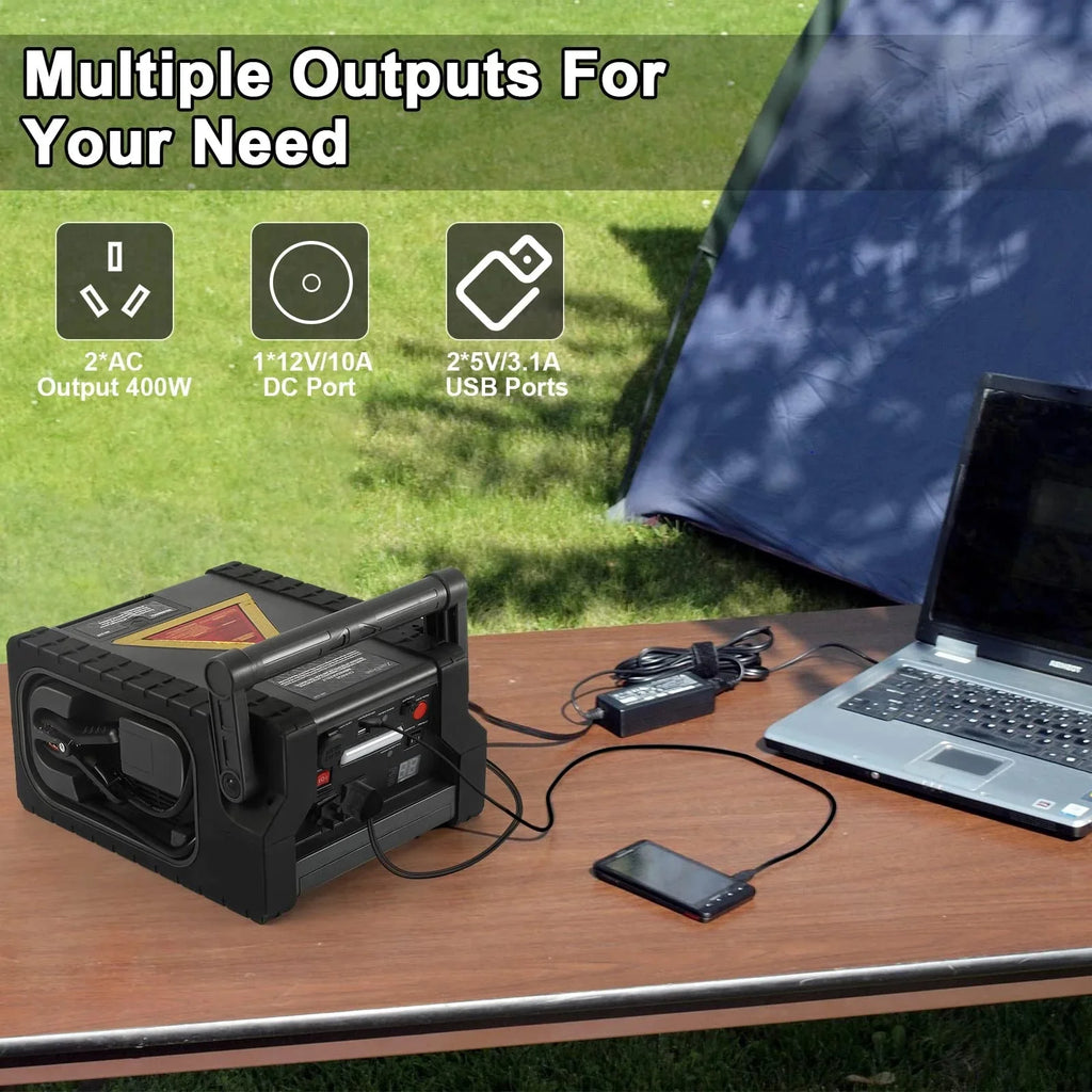 Solar Portable Power Station 2000 Amps Jump Starter, 260 PSI Air Compressor, 12V Car Battery Charger with 400W Inverter Dual AC/DC/USB Output, Emergency Backup Power with Flashlights