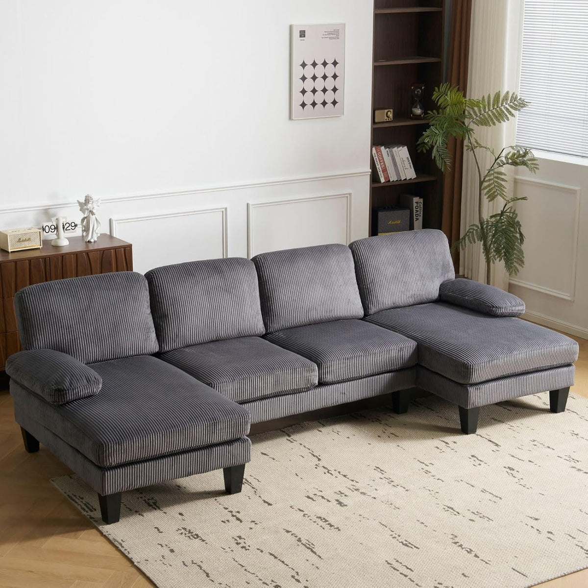 VINGLI 110" Sectional Couches for Living Room,U Shaped Couch with Double Chaise, 4-Seat Sofa Set with Chenille Fabric for Home Furniture,Beige