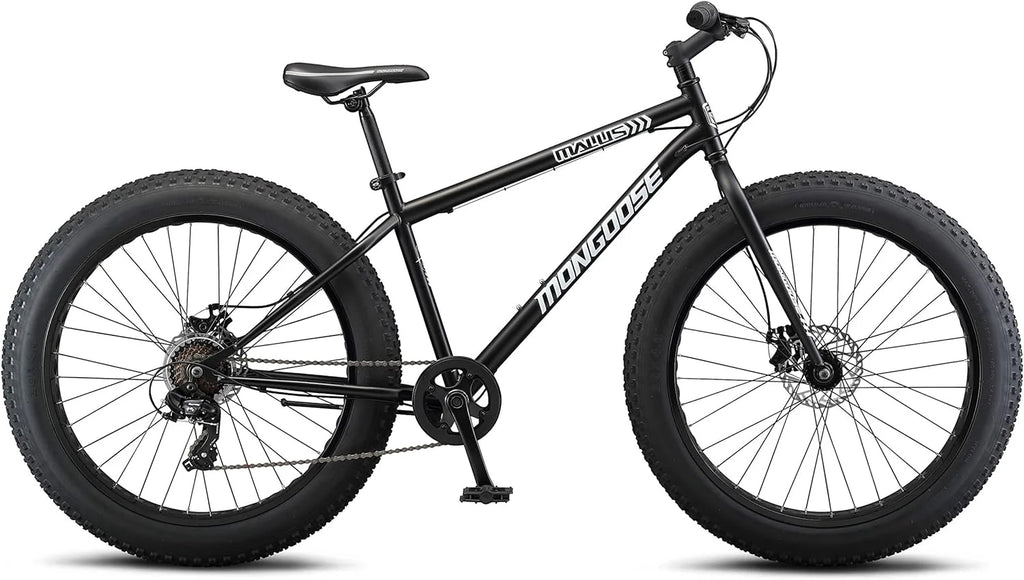 Mongoose Malus Mens and Women Fat Tire Mountain Bike, 26-Inch Bicycle Wheels, 4-Inch Wide Knobby Tires, Steel Frame, 7 Speed Drivetrain, Shimano Rear Derailleur, Disc Brakes