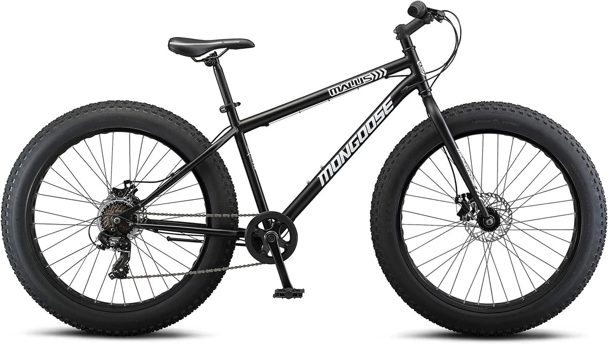 Mongoose Malus Mens and Women Fat Tire Mountain Bike, 26-Inch Bicycle Wheels, 4-Inch Wide Knobby Tires, Steel Frame, 7 Speed Drivetrain, Shimano Rear Derailleur, Disc Brakes