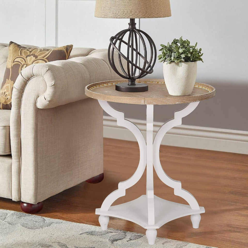 Wnutrees Farmhouse Round Accent End Table, Rustic Side Table Nightstands for Living Room, Wood Tray Top, Handcrafted Finish, Set of 2, White