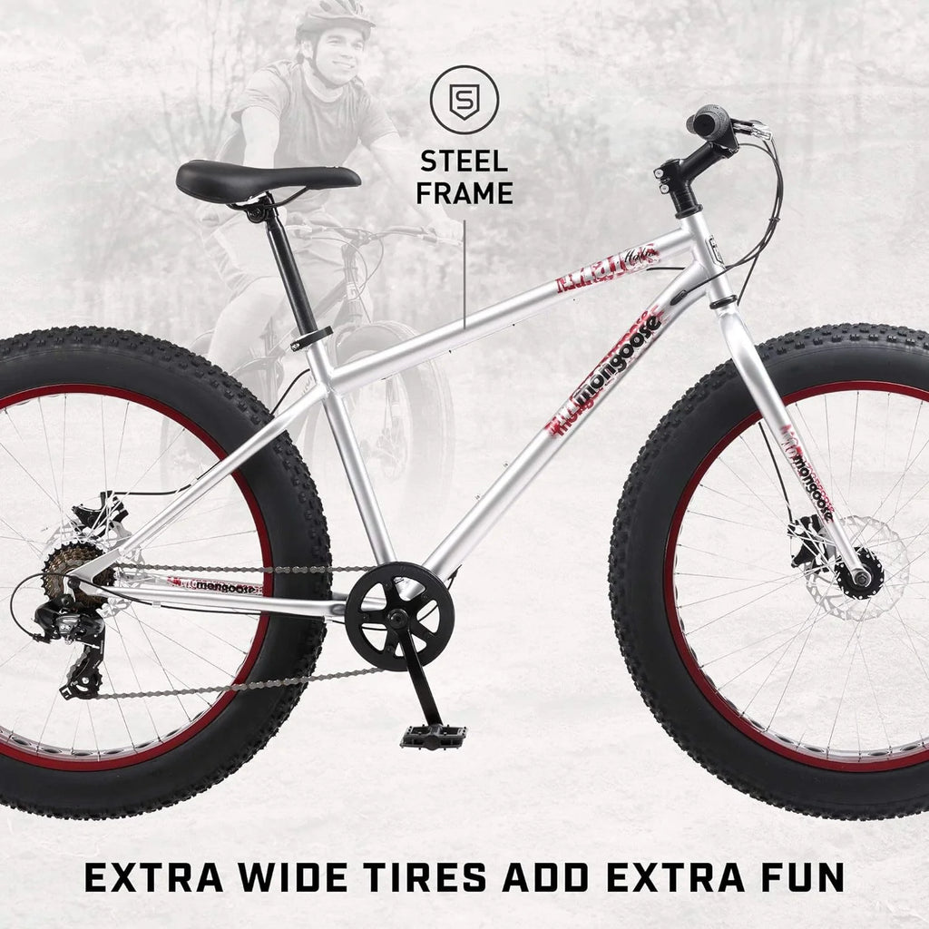 Mongoose Malus Mens and Women Fat Tire Mountain Bike, 26-Inch Bicycle Wheels, 4-Inch Wide Knobby Tires, Steel Frame, 7 Speed Drivetrain, Shimano Rear Derailleur, Disc Brakes