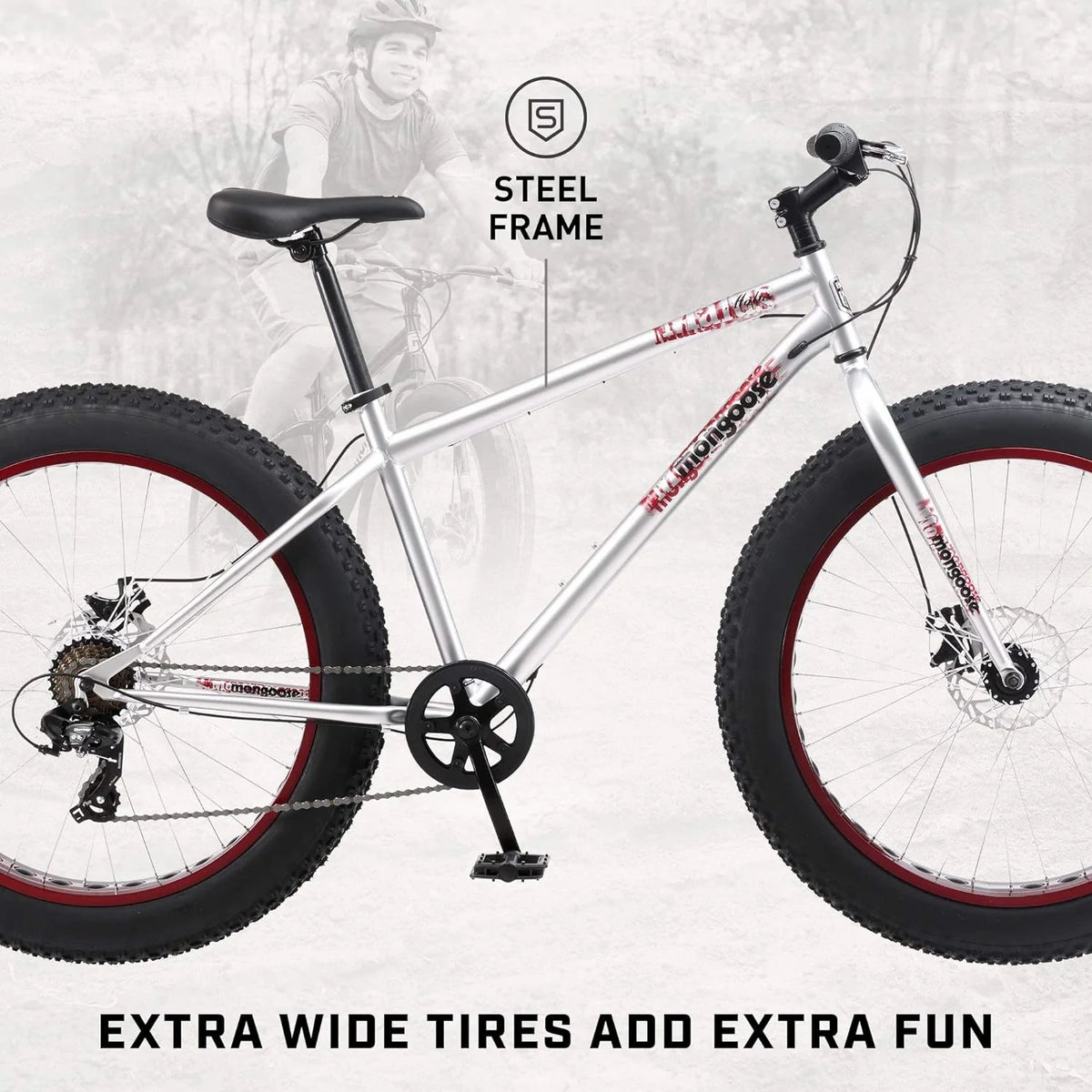 Mongoose Malus Mens and Women Fat Tire Mountain Bike, 26-Inch Bicycle Wheels, 4-Inch Wide Knobby Tires, Steel Frame, 7 Speed Drivetrain, Shimano Rear Derailleur, Disc Brakes