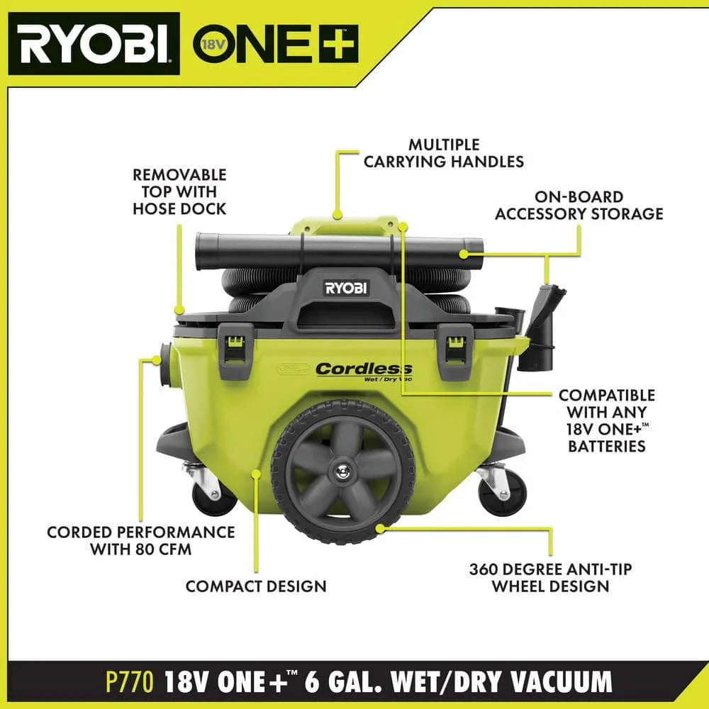 ONE+ 18V Cordless 6 Gal. Wet/Dry Vacuum Kit with 4.0 Ah Battery, Charger and Vacuum Accessories P770KN